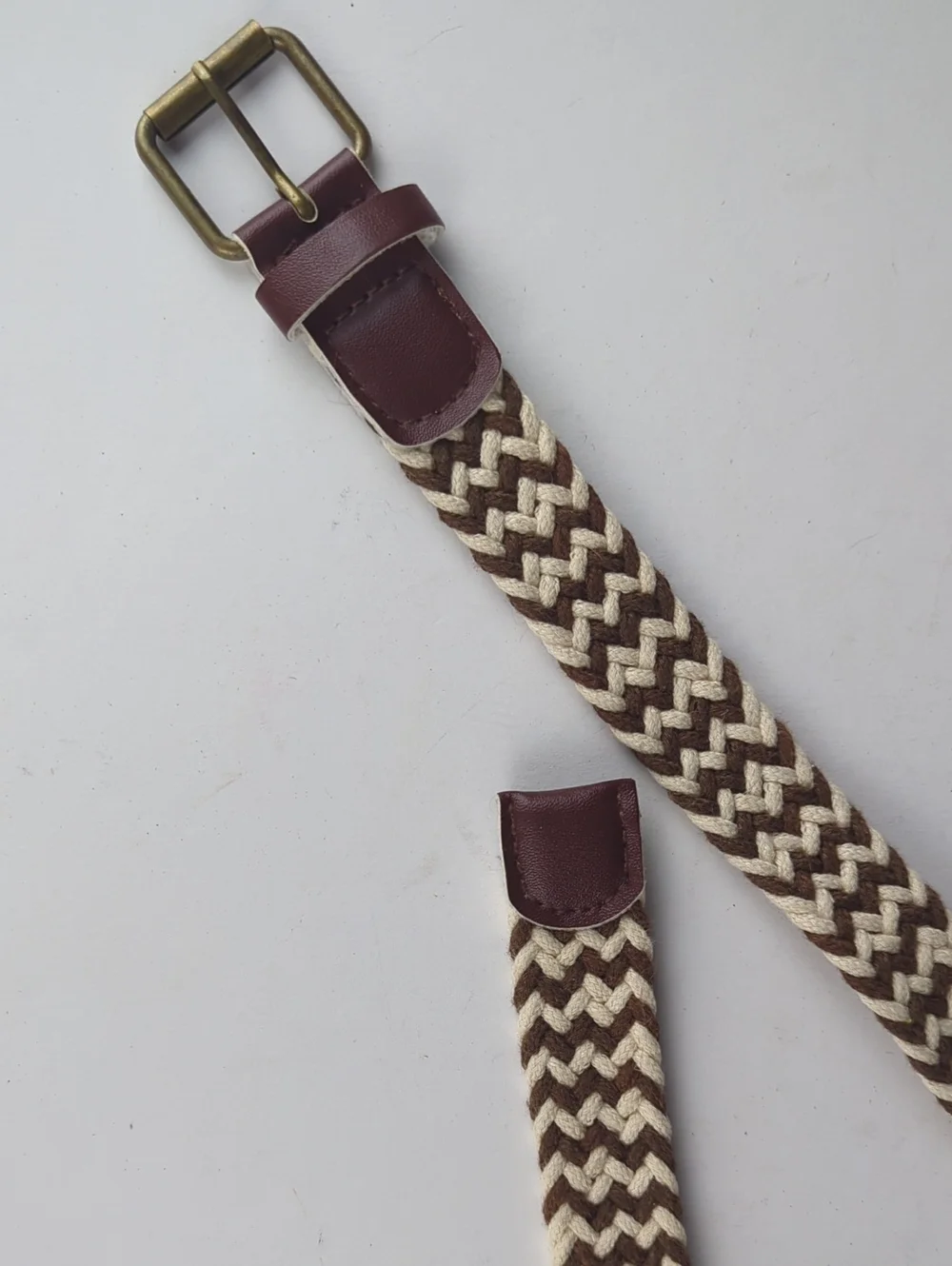 Men's Woven Braided Belt Brown White Chevron
